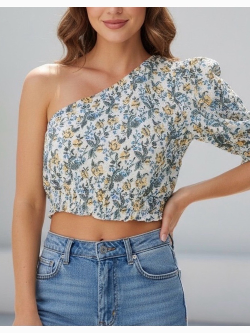 Anthropologie En Saison One Shoulder Floral Crop Top Size Small
